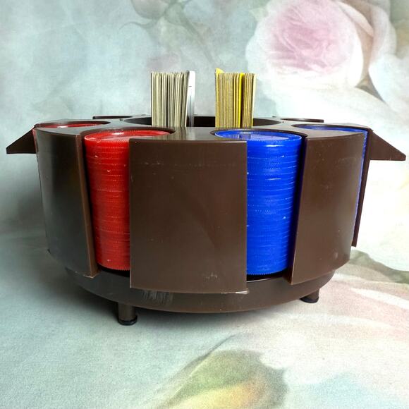 Vintage 70s Ardsley Revolving Poker Rack With 200 Chips & Two Decks Of Cards - Picture 3 of 7